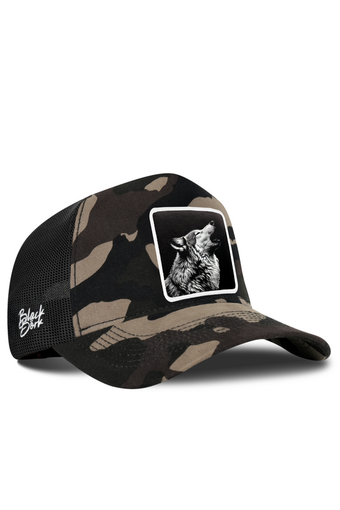 Kurt Logolu Kamuflaj-Siyah Trucker Şapka