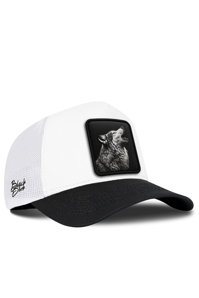 Black and White Trucker Cap with Wolf Logo