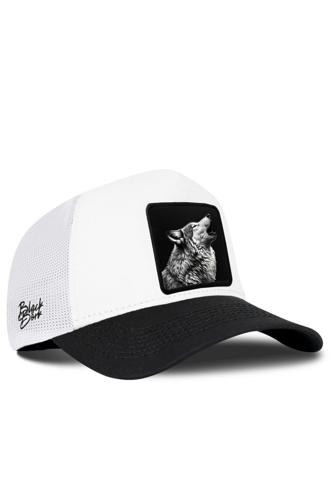 Black and White Trucker Cap with Wolf Logo