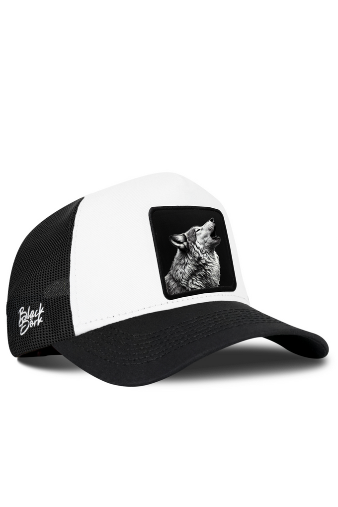 Black and White Trucker Cap with Wolf Logo
