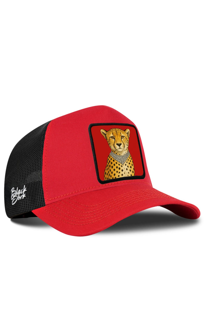 Leopar Logolu Kırmızı-Siyah Trucker Şapka