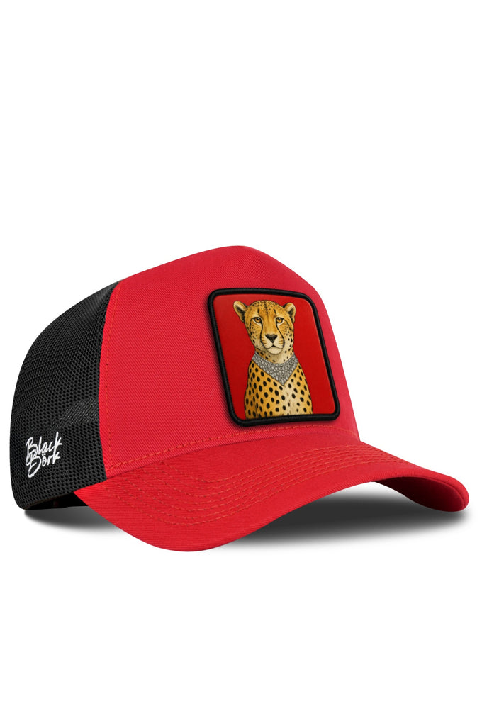 Red and Black Trucker Cap with Leopard Logo