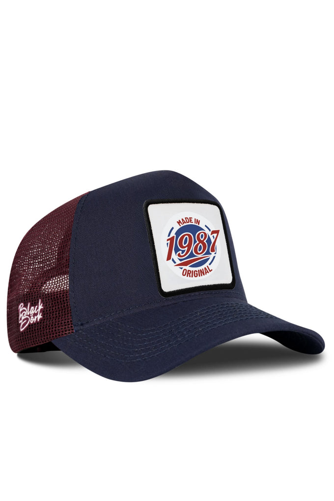 Navy Blue-Burgundy Trucker Cap with Made in 1987 Logo