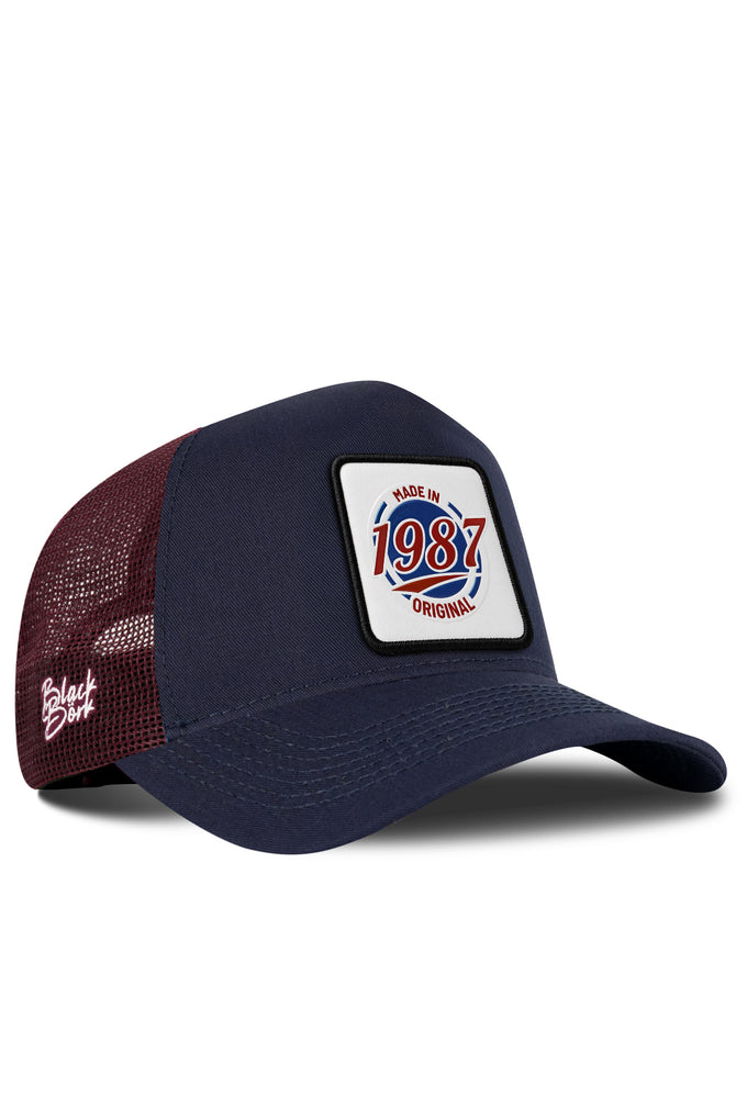 Navy Blue-Burgundy Trucker Cap with Made in 1987 Logo