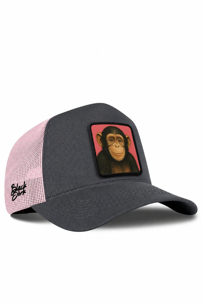 Maymun Logolu Antrasit-Pembe Trucker Şapka