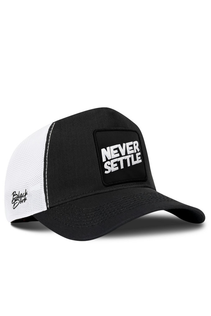 Never Settle Logo Cordura Black and White Trucker Cap 