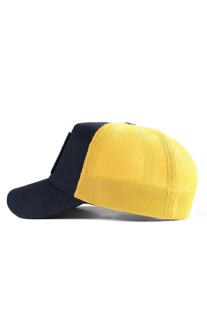 normal-is-boring-logolu-koyu-lacivert-sari-trucker-sapka-2481 - BlackBörk TR