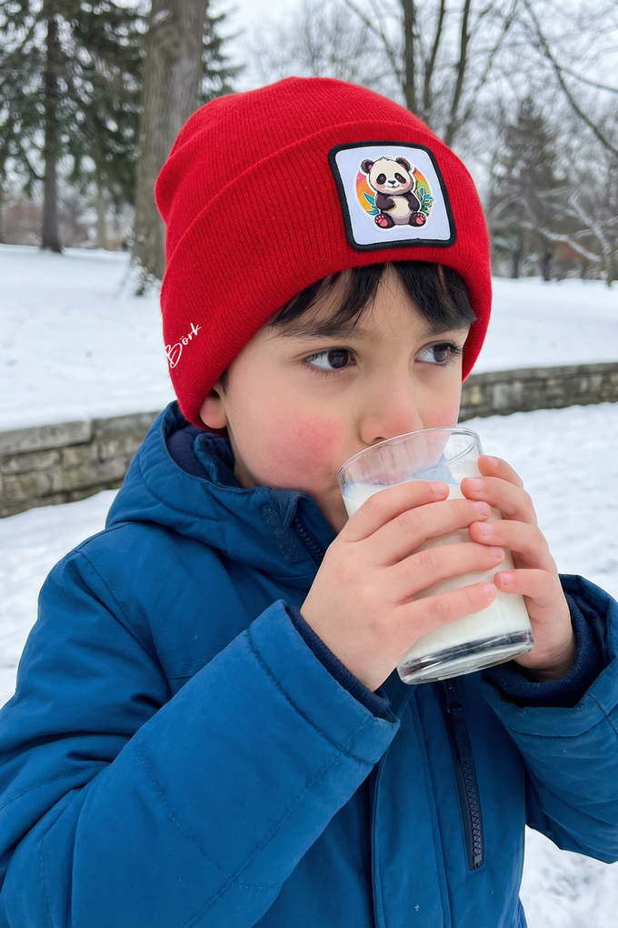 Red Kids' Beanie with Panda Logo