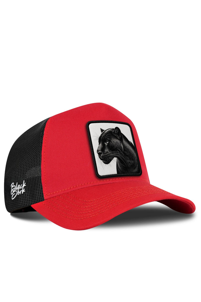 Panter Logolu Kırmızı-Siyah Trucker Şapka