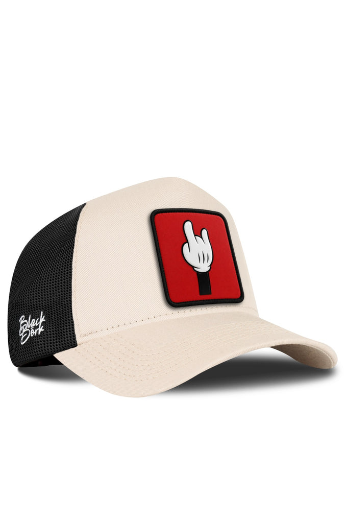 Beige and Black Trucker Cap with Finger Logo
