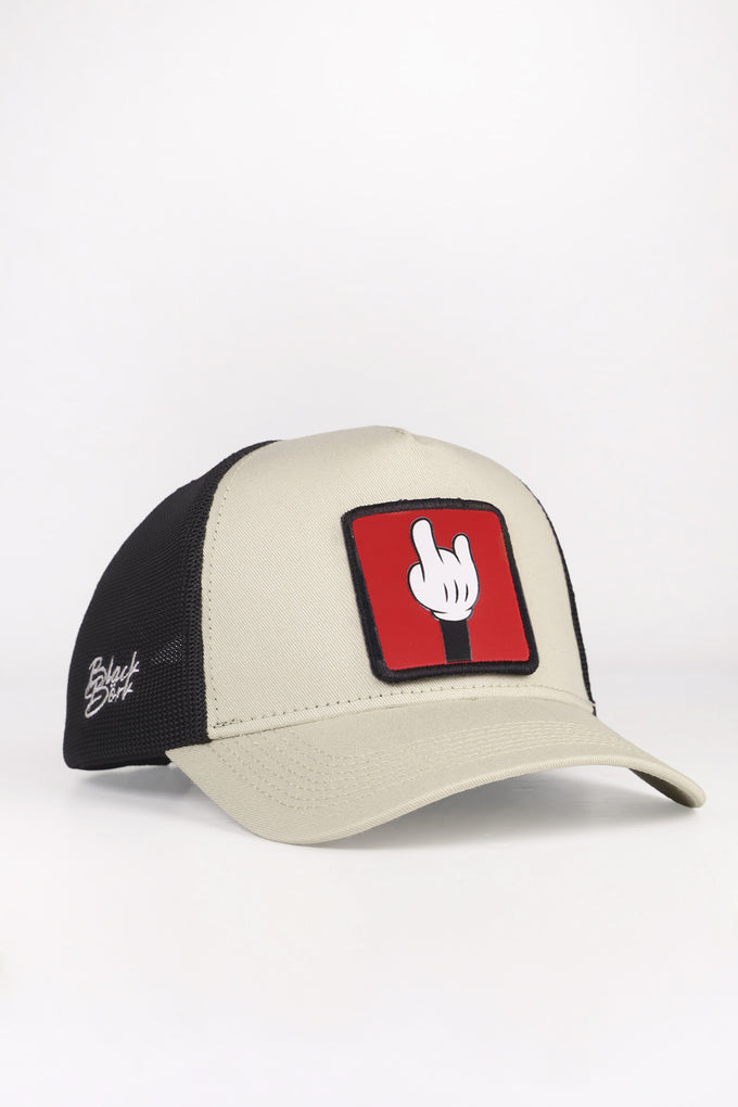 Parmak Logolu Bej Siyah Trucker Şapka