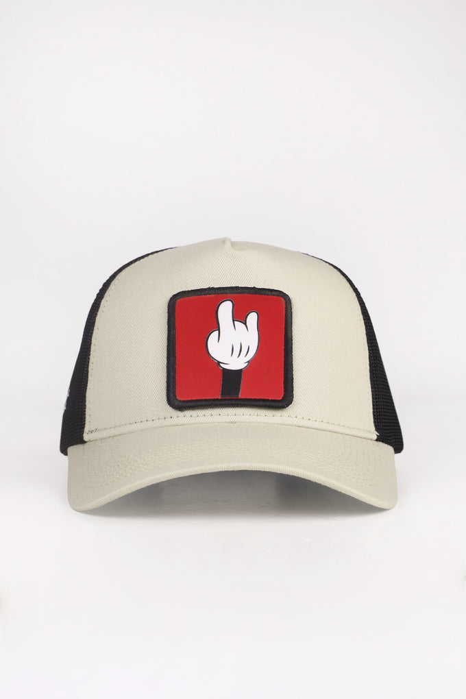 Parmak Logolu Bej Siyah Trucker Şapka