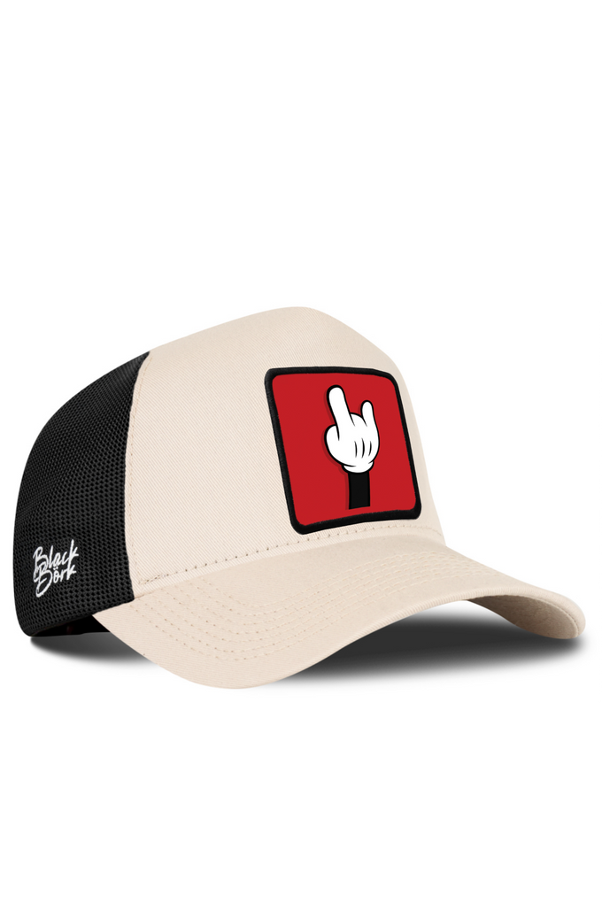Parmak Logolu Bej Siyah Trucker Şapka