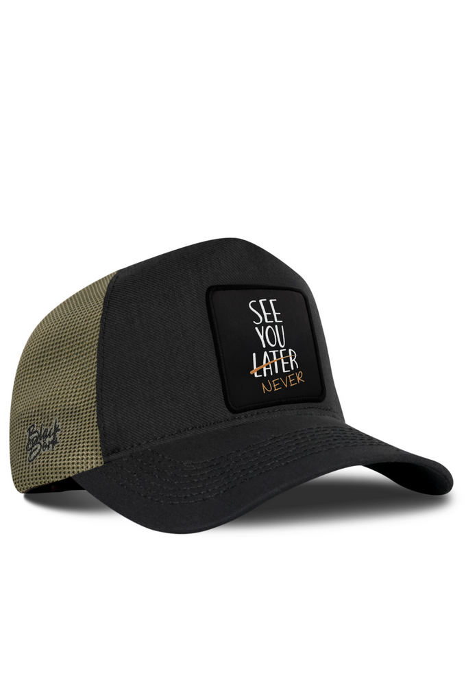 See You Later Never Logo Cordura Black-Khaki Trucker Cap