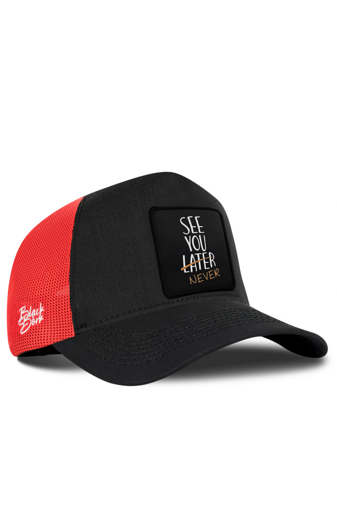 See You Later Never Logo Cordura Black-Red Trucker Cap