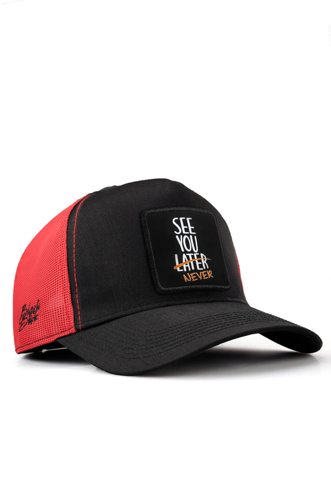 See You Later Never Logo Cordura Black-Red Trucker Cap