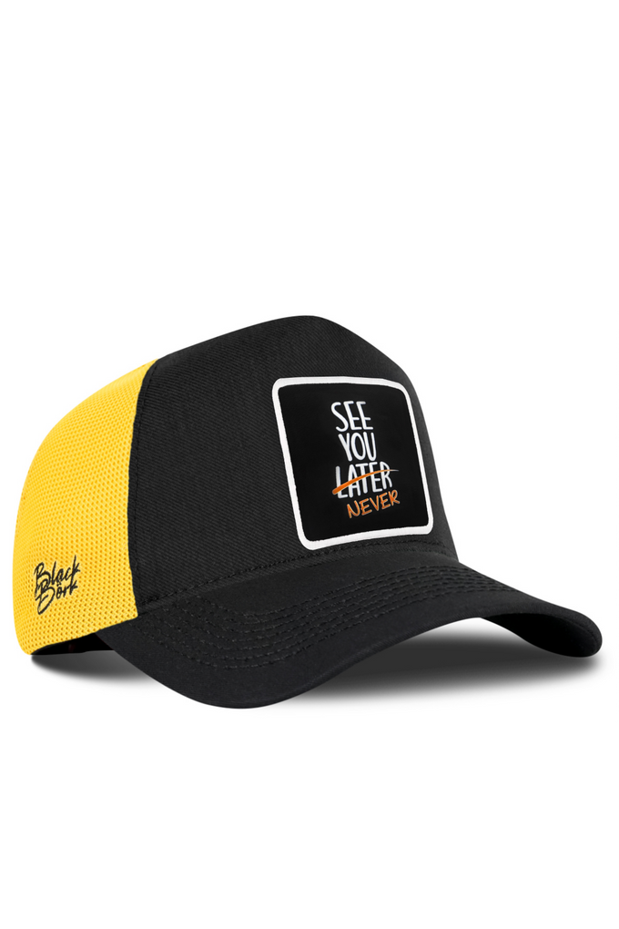 See You Later Never Logo Cordura Black-Yellow Trucker Cap