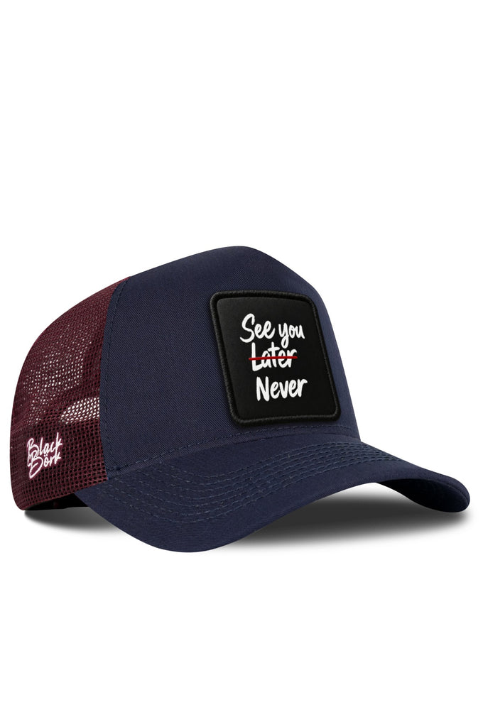 See You Later Never Logo Navy-Burgundy Trucker Cap 