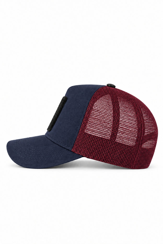 See You Later Never Logo Navy-Burgundy Trucker Cap 