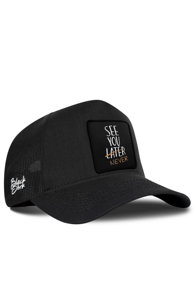 See You Later Never Logo Black Cordura Trucker Cap