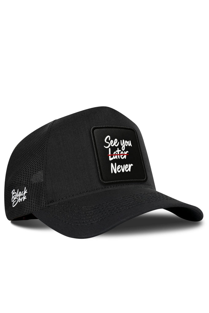 See You Later Never Logo Black Cordura Trucker Cap