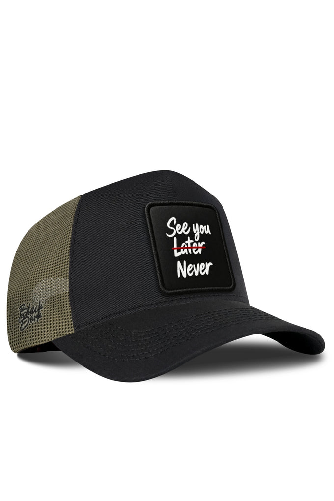 See You Later Never Logo Black-Khaki Trucker Cap 