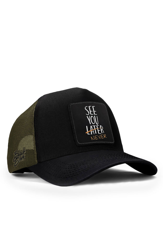 See You Later Never Logo Black-Khaki Trucker Cap 
