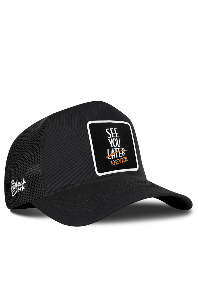 Black Trucker Cap with See You Later Never Logo
