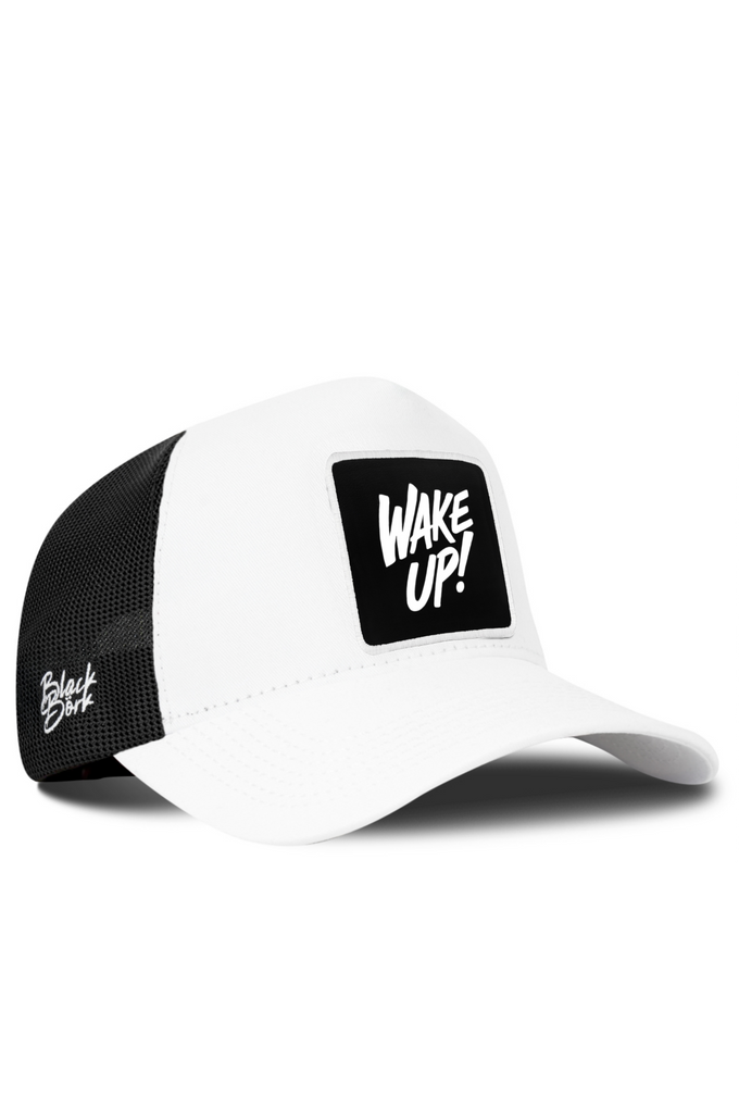 White and Black Trucker Cap with Wake Up Logo