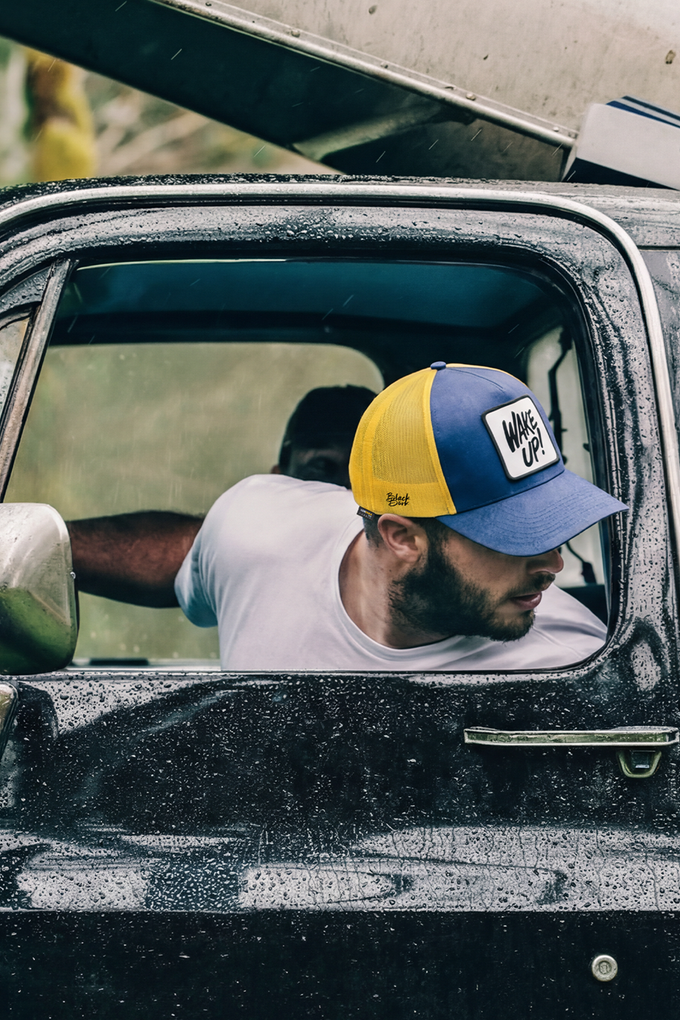 Wake Up Logo Cordura Navy Blue and Yellow Trucker Cap