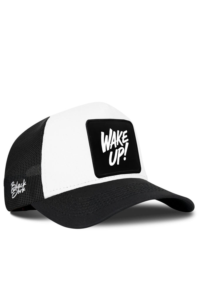 Black and White Trucker Cap with Wake Up Logo