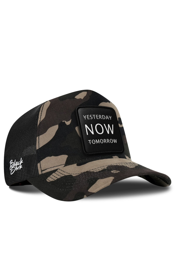 Yesterday Now Tomorrow Logolu Kamuflaj-Siyah Trucker Şapka
