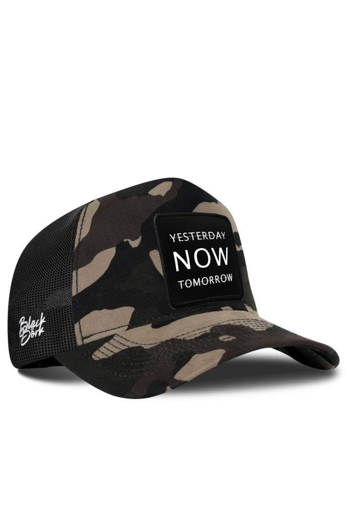 Yesterday Now Tomorrow Logolu Kamuflaj-Siyah Trucker Şapka